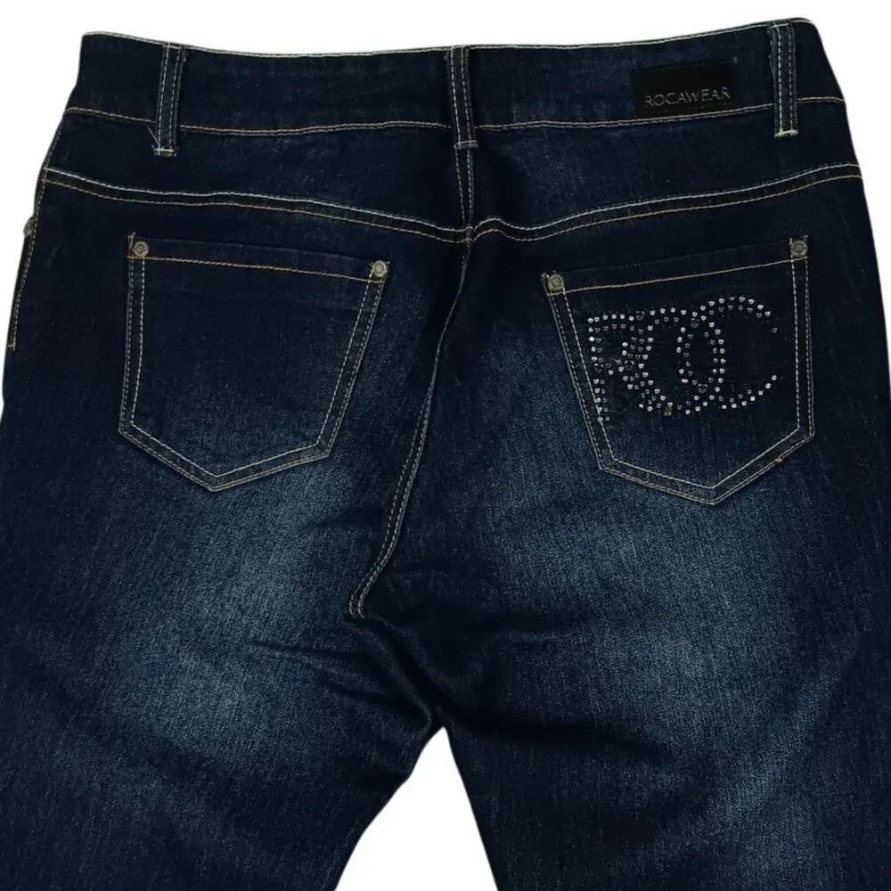 Rocawear Classic Skinny Jean Women 14 33X33‎  Dark Wash Rhinestone Back Stretch